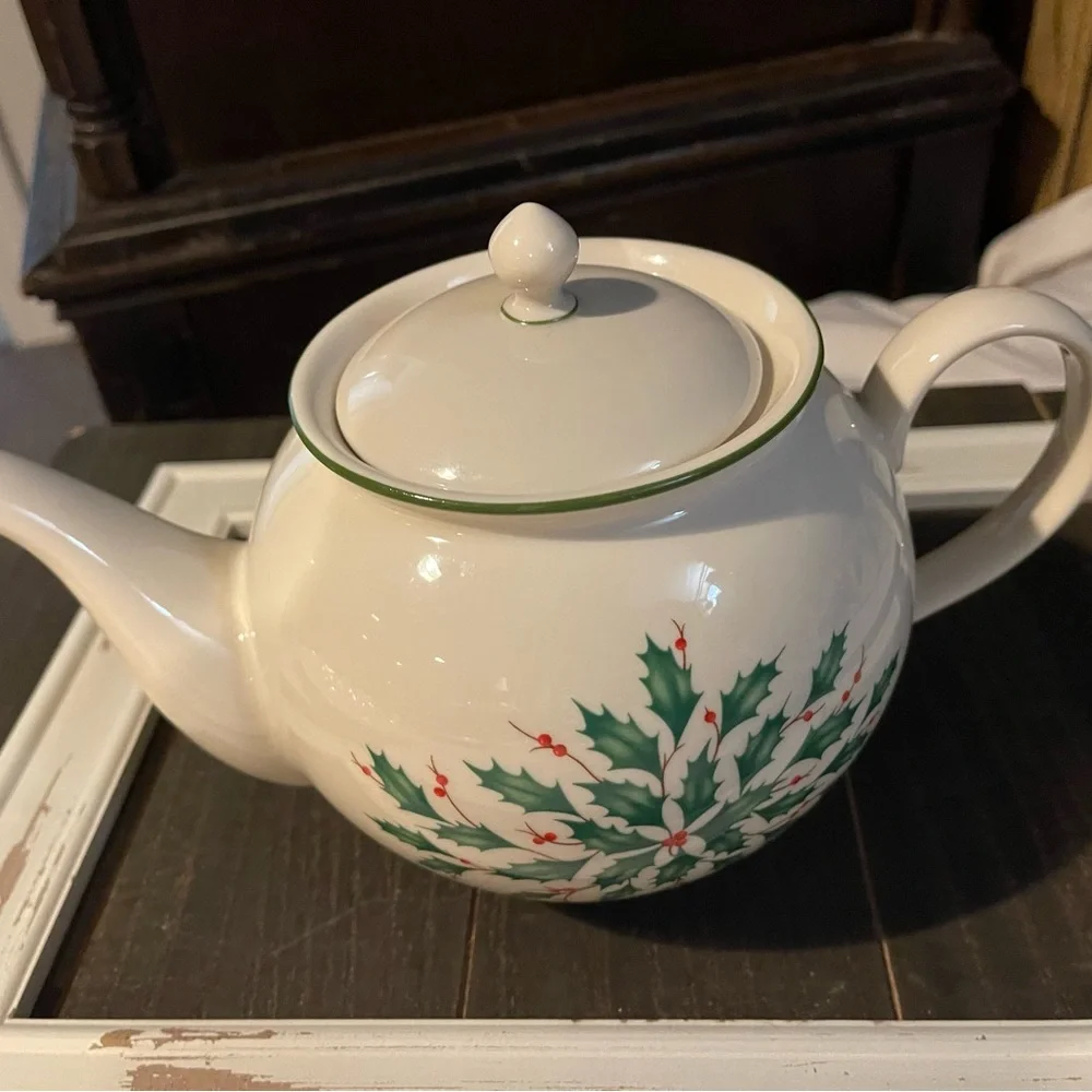 Lenox White Teapot with Green Holly and Red Berries